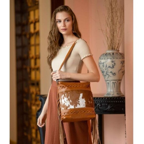 Myra Bag Hand-Tooled Leather Hairon Cowhide fringed Shoulder Bag🆕SHIP📦🏃🏻💨⚡ - Picture 1 of 16